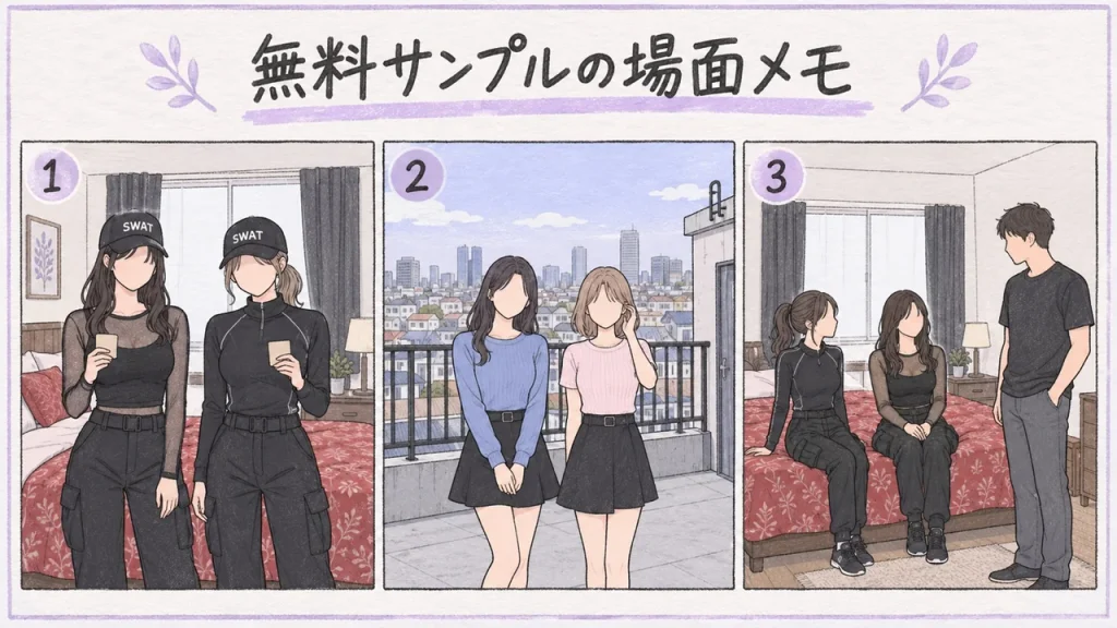 SMGN-042 無料サンプルの場面メモ 室内で黒系衣装の2人・屋上で並ぶ2人・赤い柄の寝具がある室内で女性2人と男性1人