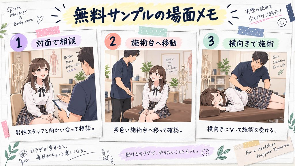 DEAS-049 無料サンプルの場面メモ 男性スタッフとの対面相談・茶色い施術台への移動・横向きで施術を受ける場面