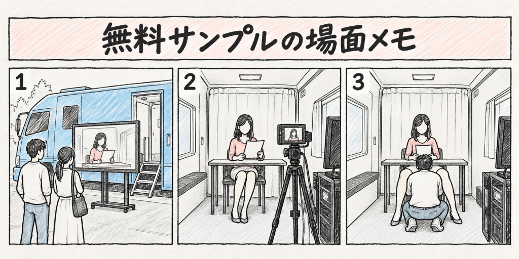 SGKI-103 無料サンプルの場面メモ 屋外モニター・車内での原稿読み・チャレンジ中の参加者
