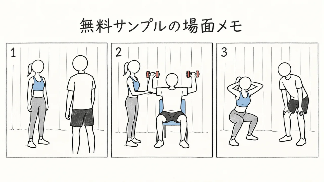 DEAS-058 無料サンプルの場面メモ トレーナーとの会話・ダンベル運動の補助・スクワットのお手本
