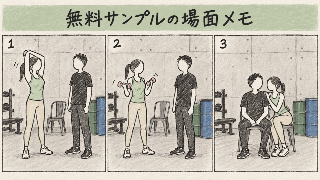 DEAS-082 無料サンプルの場面メモ ストレッチ・ダンベル指導・男性との近いやり取り