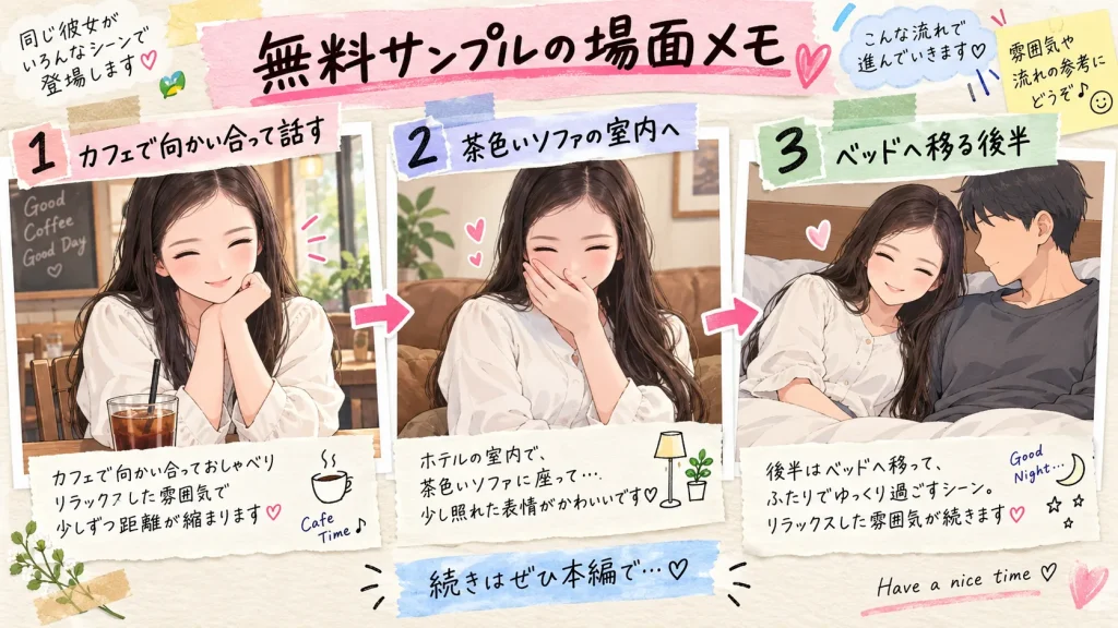 erk-128 無料サンプルの場面メモ カフェでの会話・茶色いソファの室内・ベッドへ移る後半