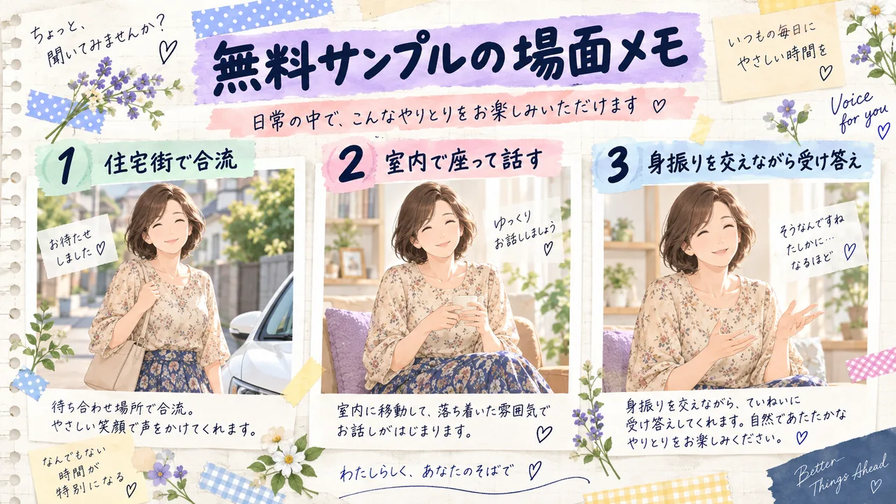 HINT-0725 無料サンプルの場面メモ 住宅街で合流・室内で座って話す・身振りを交えながら受け答え