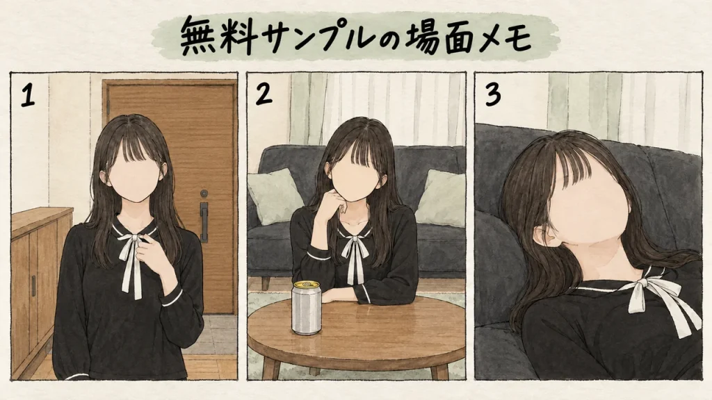 「Y.I」のサンプル前半を描いた場面メモ。玄関での再会、テーブルでの会話、ソファで相手を見上げる姿