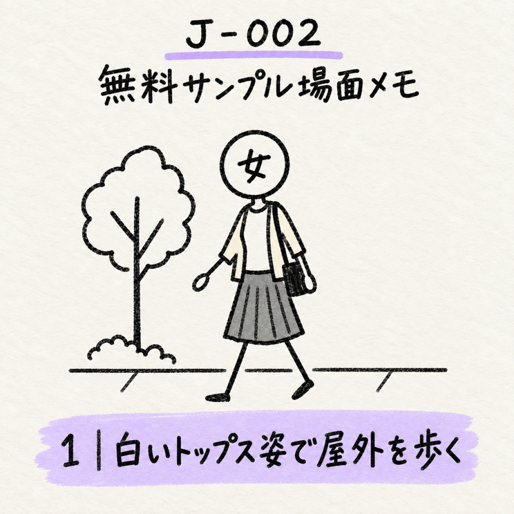J-002の無料サンプルで白いトップス姿の女性が屋外を歩く場面メモ
