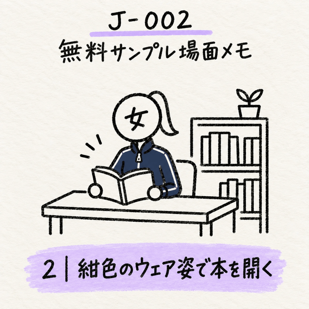 J-002の無料サンプルで紺色のウェア姿の女性が本を開く場面メモ