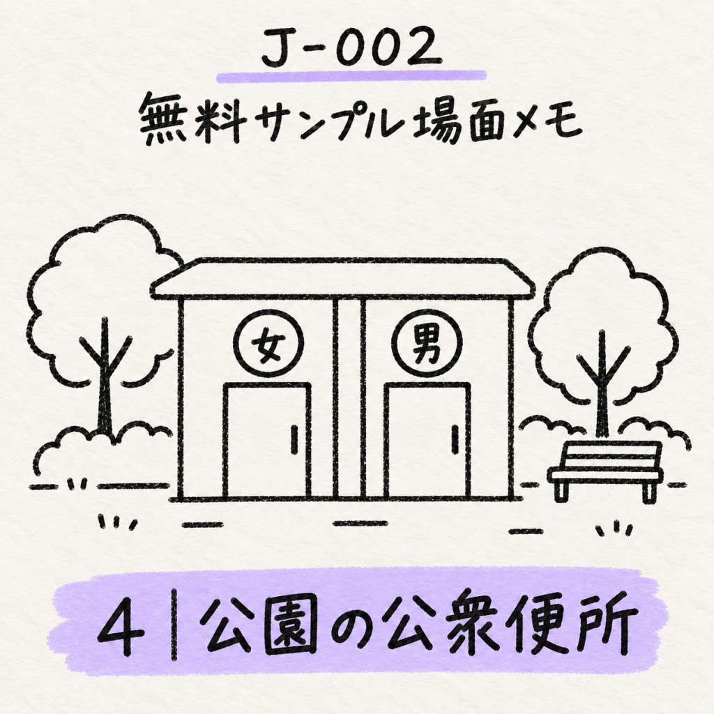 J-002の無料サンプルに登場する公園の男女別公衆便所の場面メモ