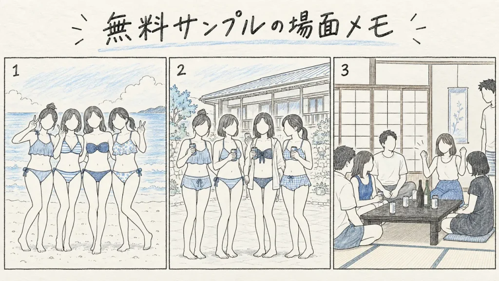 KURE-042 無料サンプルの場面メモ 砂浜での記念撮影・屋外で飲み物を持つ4人・和室のテーブルを囲む場面