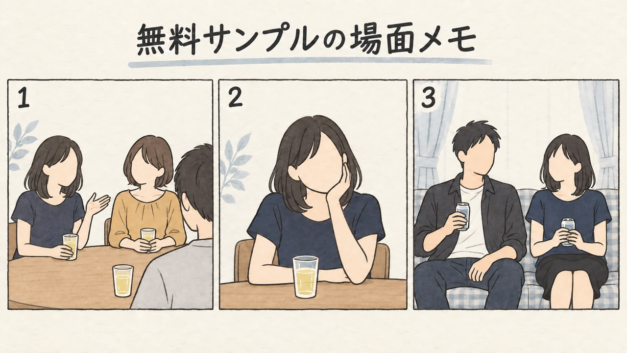 MFCW-079 無料サンプルの場面メモ 飲み会のテーブル・頬に手を添える女性・ソファで缶飲料を持つ男女