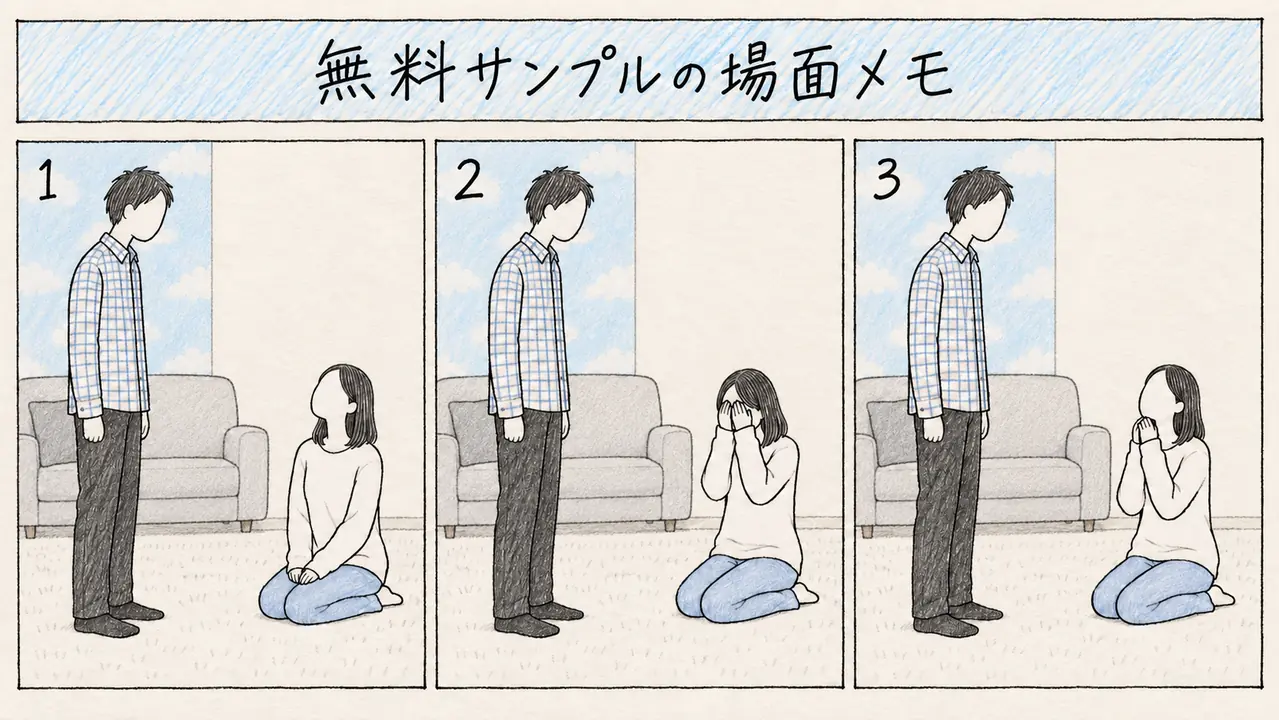 ORECZ-671 無料サンプルの場面メモ 男性を見上げる女性・両手で顔を隠す姿・口元に手を添える姿