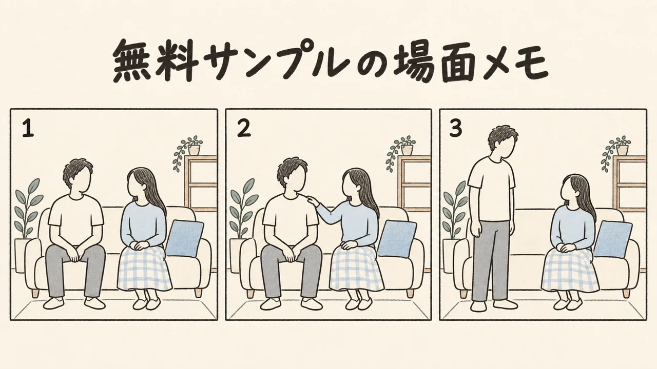ORECZ-675 無料サンプルの場面メモ ソファに並んで座る男女・男性の肩に手を添える女性・立っている男性を見上げる女性