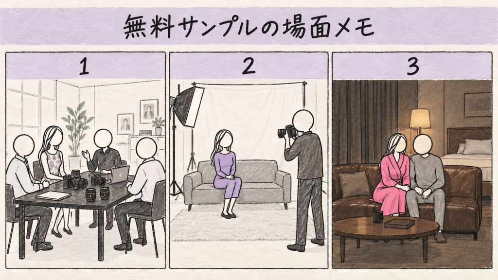 PEEP-204 無料サンプルの場面メモ 撮影前の打ち合わせ・ソファでの記念撮影・男性モデルとのやり取り