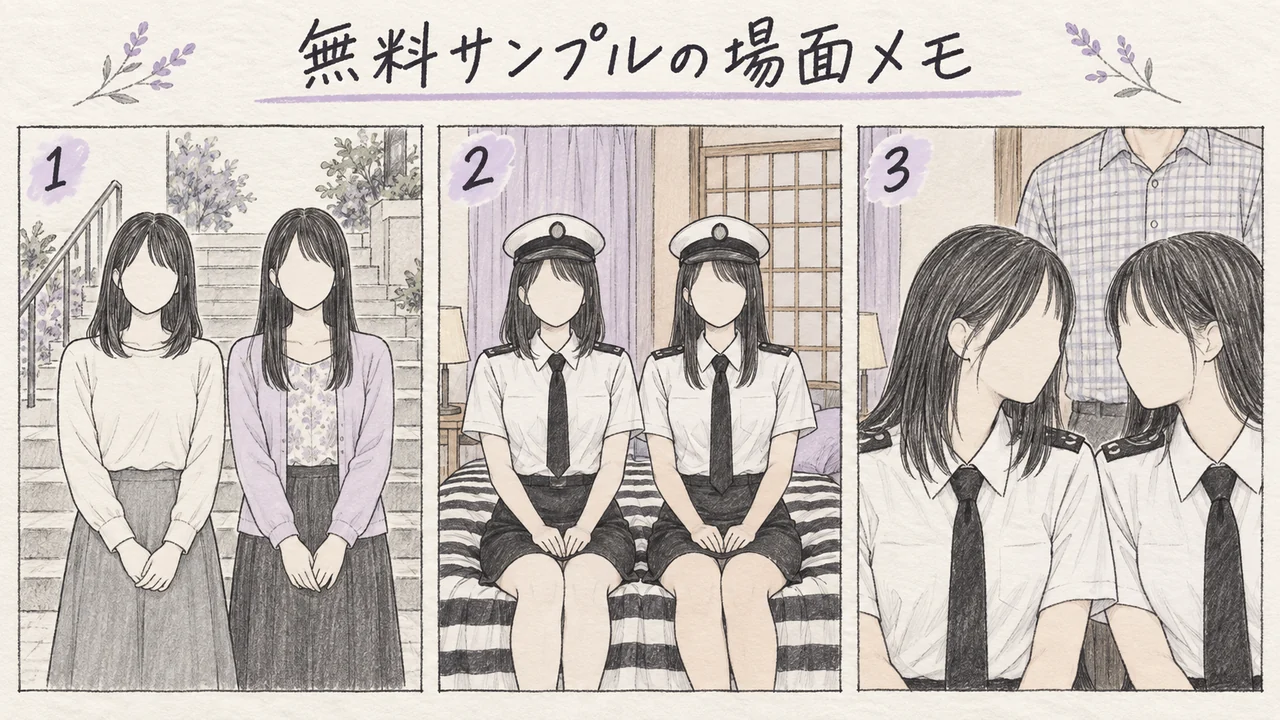 SMGN-138 無料サンプルの場面メモ 屋外に並ぶ二人・制服姿でベッドに座る二人・男性を背に顔を近づける二人