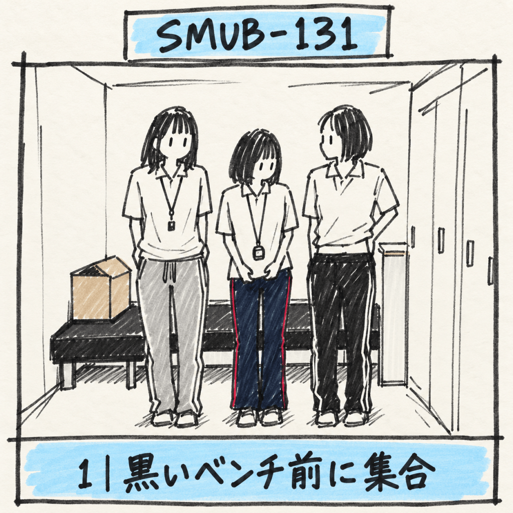 場面メモ1：SMUB-131 白いウェア姿の3人が黒いベンチ前に並ぶ場面