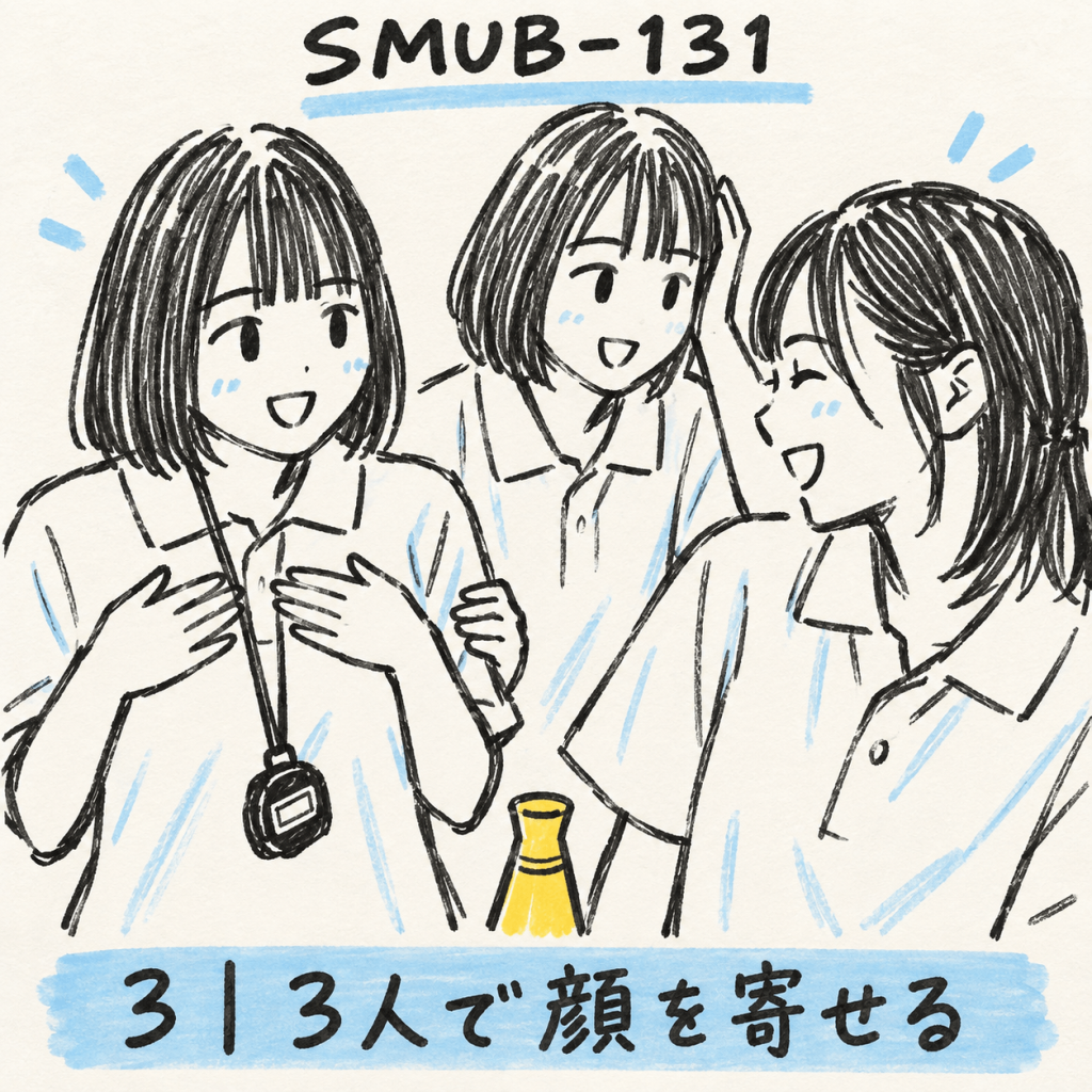 場面メモ3：SMUB-131 白いウェア姿の3人が顔を寄せて話す場面