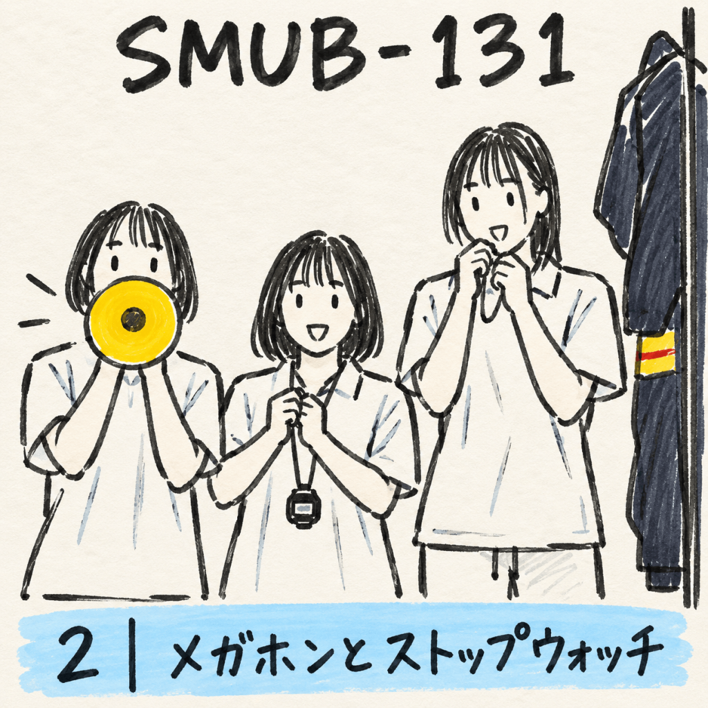 場面メモ2：SMUB-131 黄色いメガホンとストップウォッチを持つ3人