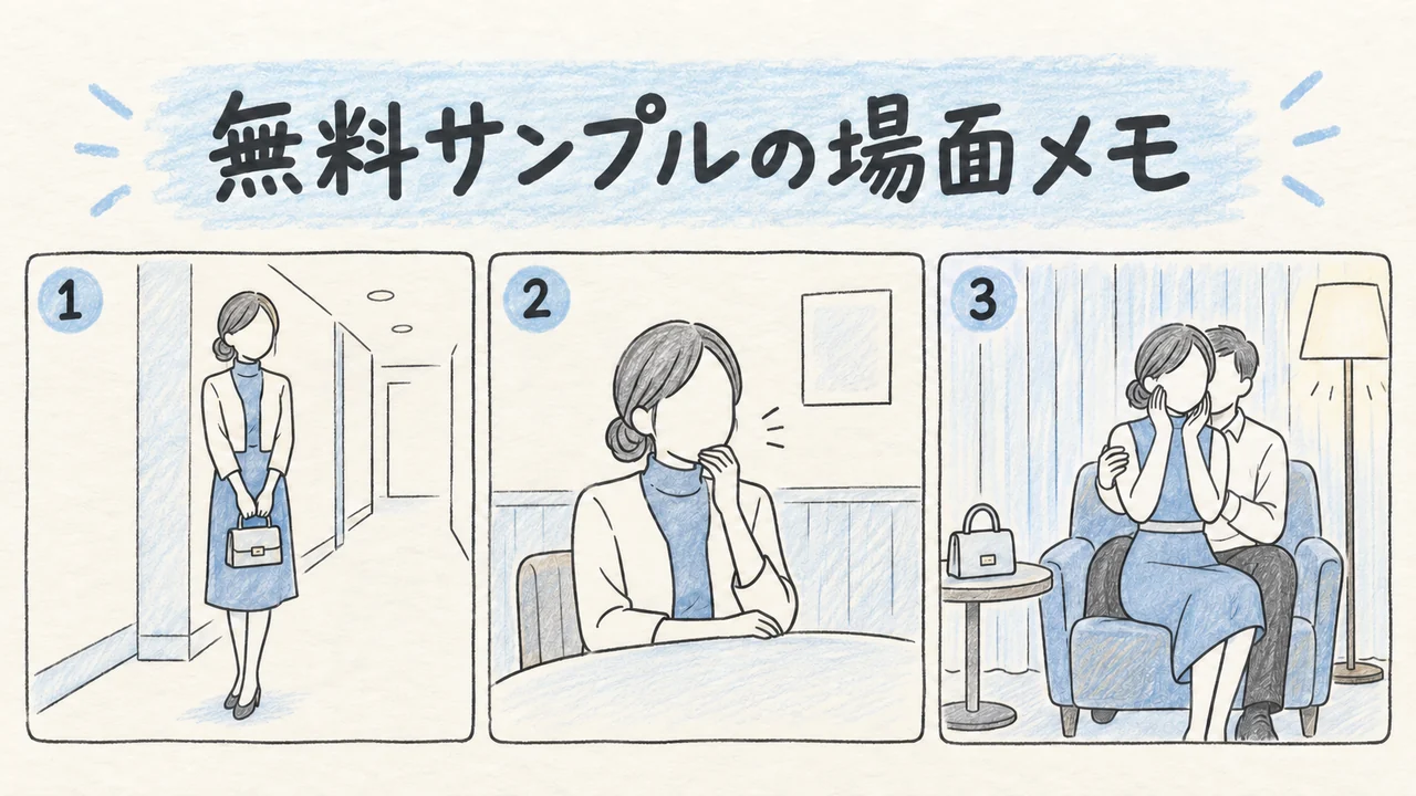 TKK-090 無料サンプルの場面メモ 街中の待ち合わせ・飲食店での会話・室内で男性と座る姿