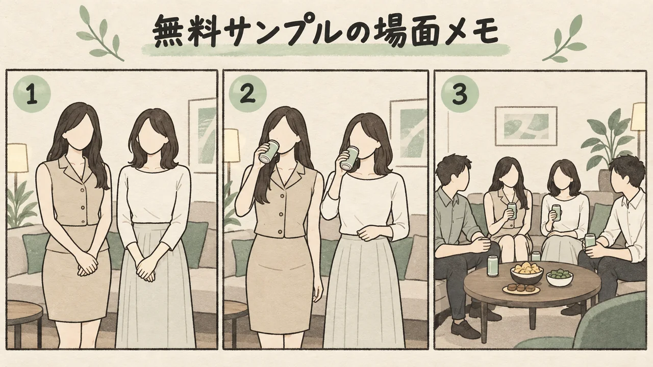 TWT-015 無料サンプルの場面メモ 衣装姿で並ぶ二人・缶を持つ二人・テーブルを囲む男女
