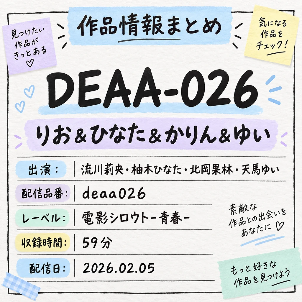 DEAA-026 りお&ひなた&かりん&ゆい 流川莉央・柚木ひなた・北岡果林・天馬ゆい 作品情報まとめ