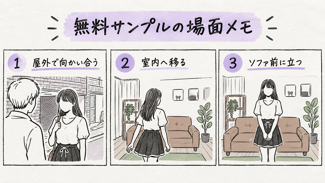 ORECZ-688 無料サンプルの場面メモ 屋外で男性と向かい合う・茶色いソファのある室内へ移る・ソファ前に立つ