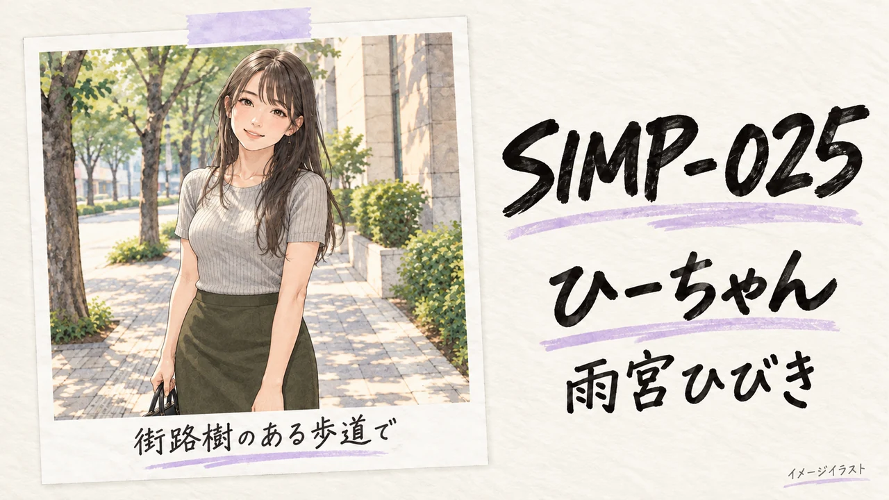 SIMP-025「ひーちゃん」の品番・作品名と、街路樹のある歩道に立つ成人女性のイメージイラスト
